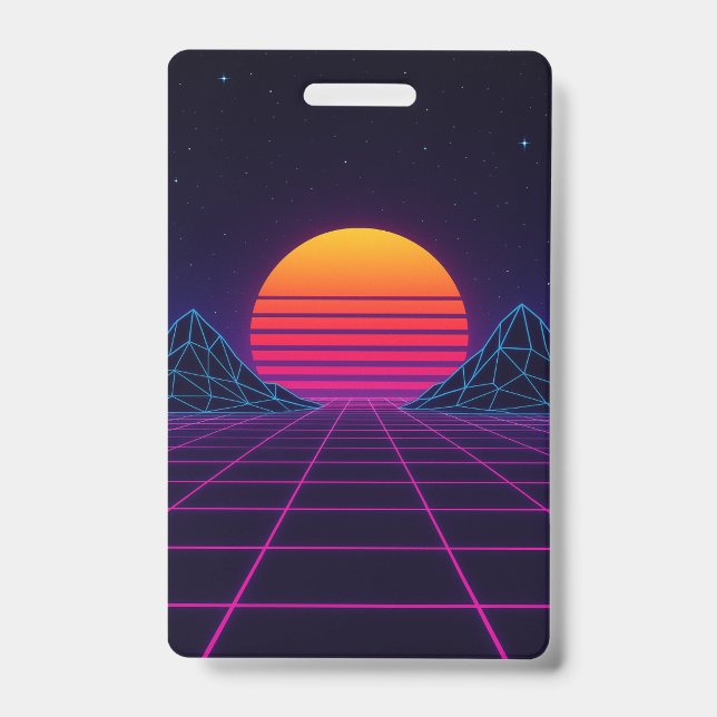 Neon Sunset Grid – Retro-Futuristic Synthwave Stic Badge (Front)