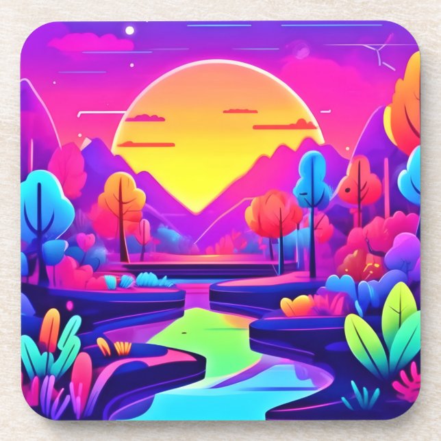 Neon Sunset Landscape Beverage Coaster (Front)