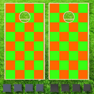 Neon Sunset Orange Green Checkerboard Vintage Cornhole Set