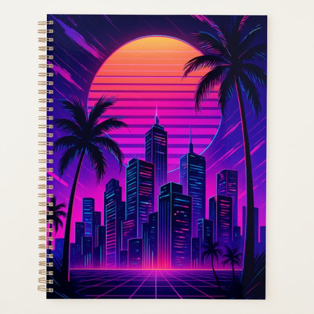 Neon Sunset Retro-Futuristic Cityscape Planner (Front)