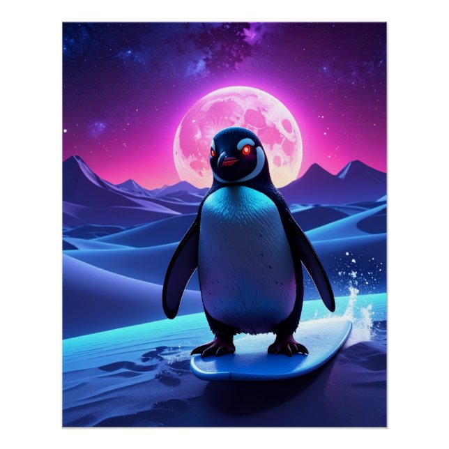 Neon Surf Penguin Poster (Front)