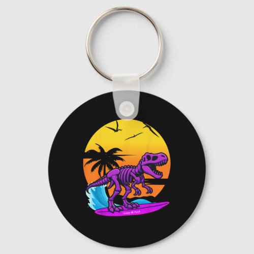 Neon Surfing T-rex Skeleton With Vintage Beach Ret Keychain