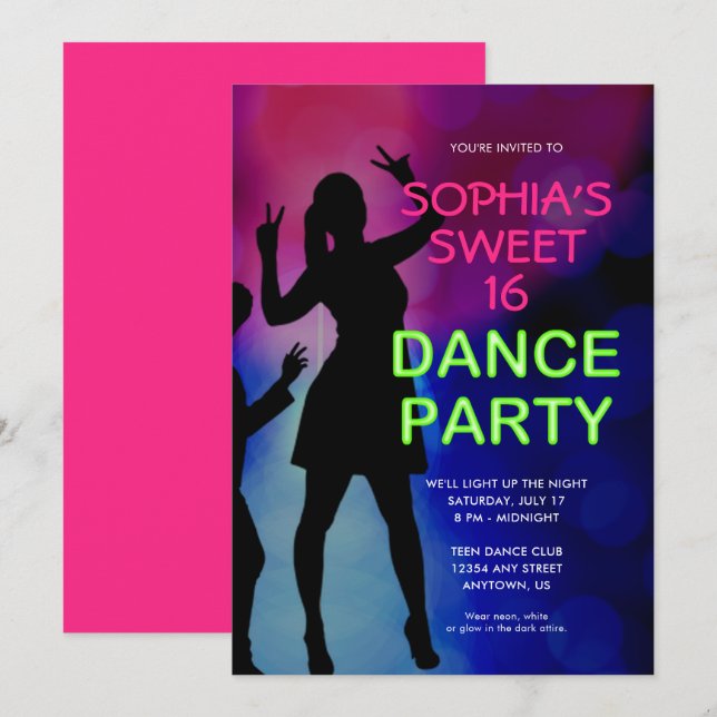 Neon Sweet 16 Birthday Dance Party Invitation (Front/Back)