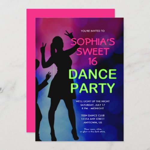 Neon Sweet 16 Birthday Dance Party Invitation