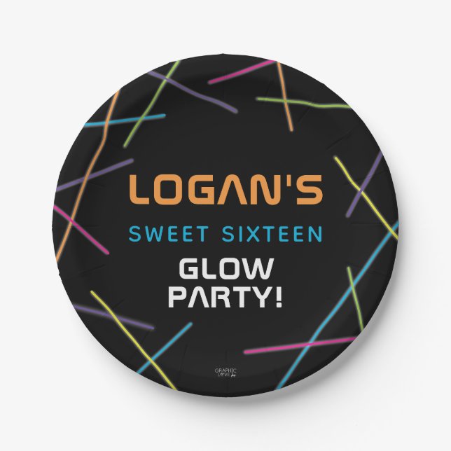Neon Sweet 16 Birthday Glow Party Paper Plates (Front)