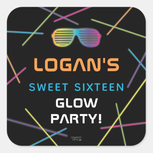 Neon Sweet 16 Birthday Glow Party Square Sticker
