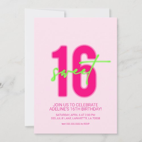 Neon Sweet Sixteen Birthday Party Invitation