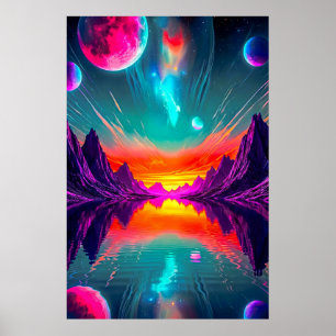 Neon Synthwave Alien Planet Landscape Graphic Poster