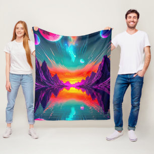 Neon Synthwave Alien Planet Retro Gamer Fleece Blanket