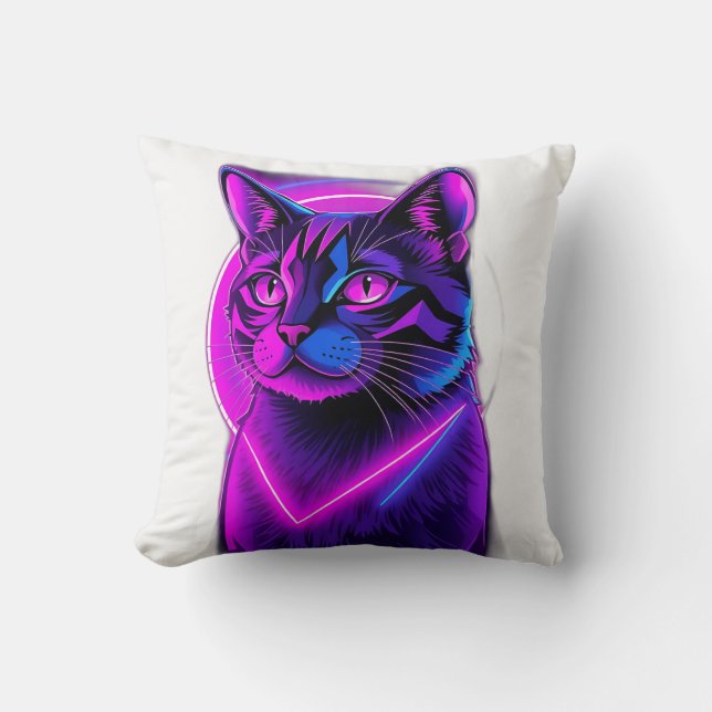 Neon Synthwave Cat Art Throw Pillow (Front)