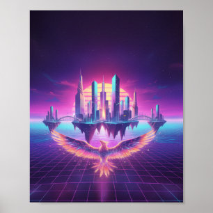 Neon Synthwave Cityscape Phoenix Art Print