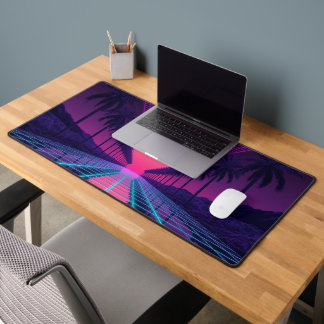 Neon Synthwave Grid Desk Mat - Retro 80s Gaming Mo