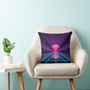 Neon Synthwave Grid & Palms Retro Pillow