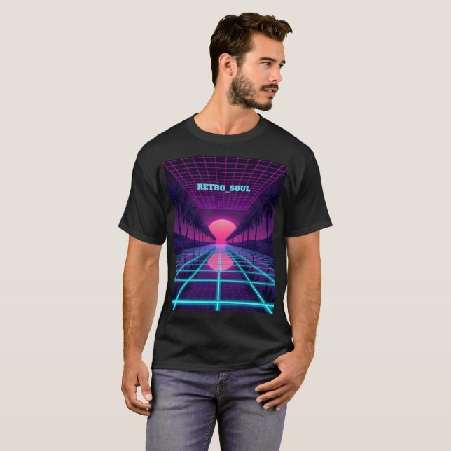 Neon Synthwave Horizon - Retro 80s Cyberpunk Grid T-Shirt (Front Full)