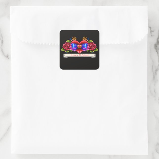 Neon Tattoo Style heart invite Love  Square Sticker (Bag)