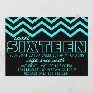 Neon Teal and Black Chevron Sweet 16 Invitation