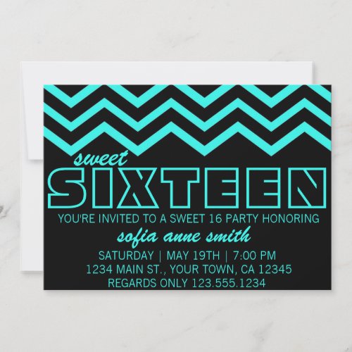Neon Teal and Black Chevron Sweet 16 Invitation