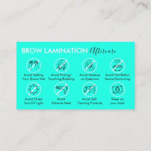 Neon Teal Brow Lamination Aftercare Instruction Business Card