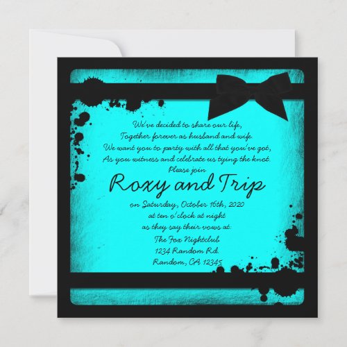 Neon teal grunge black ribbon wedding invites