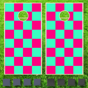 Neon Teal Pink Checkerboard Vintage Cornhole Set