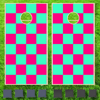 Neon Teal Pink Checkerboard Vintage Cornhole Set