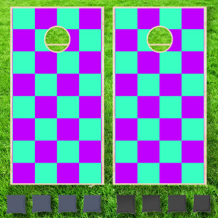 Neon Teal Purple Checkered Checkerboard Cornhole Set