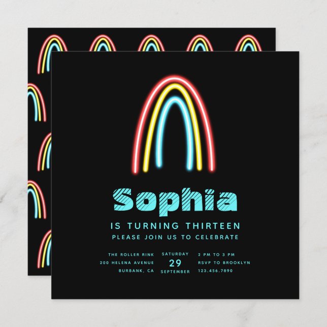 Neon Teal Rainbow Birthday Party Invitation (Front/Back)