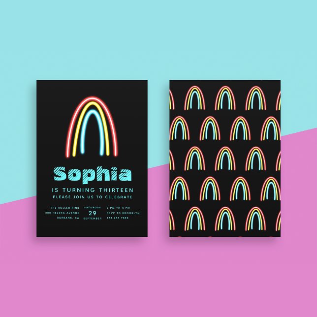 Neon Teal Rainbow Birthday Party Invitation (Creator Uploaded)