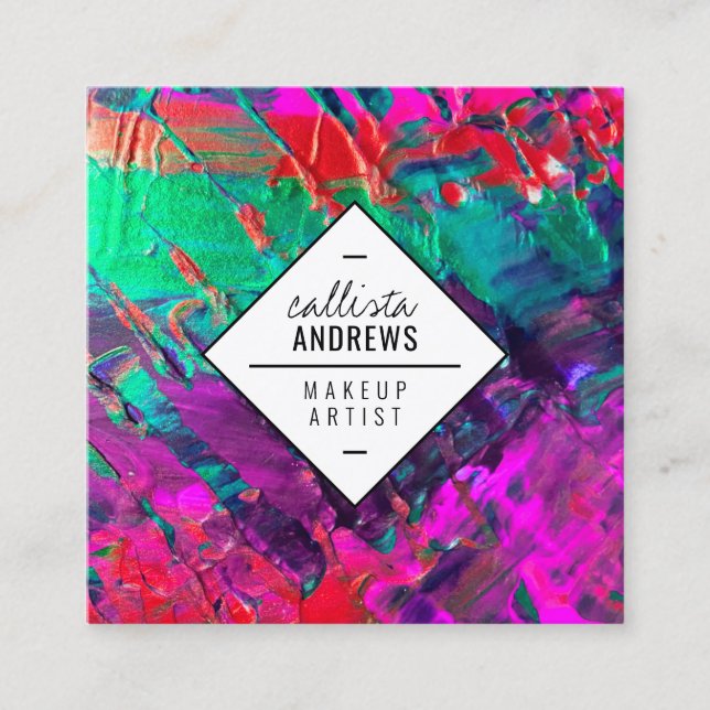 Neon Teal Red Purple Pink Metallic Paint Makeup Square Business Card (Front)