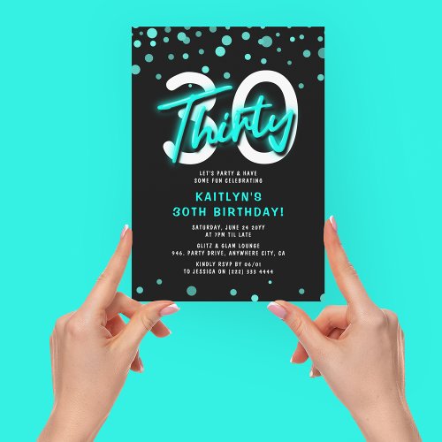 Neon Teal Thirty 30th Birthday Party Invitation