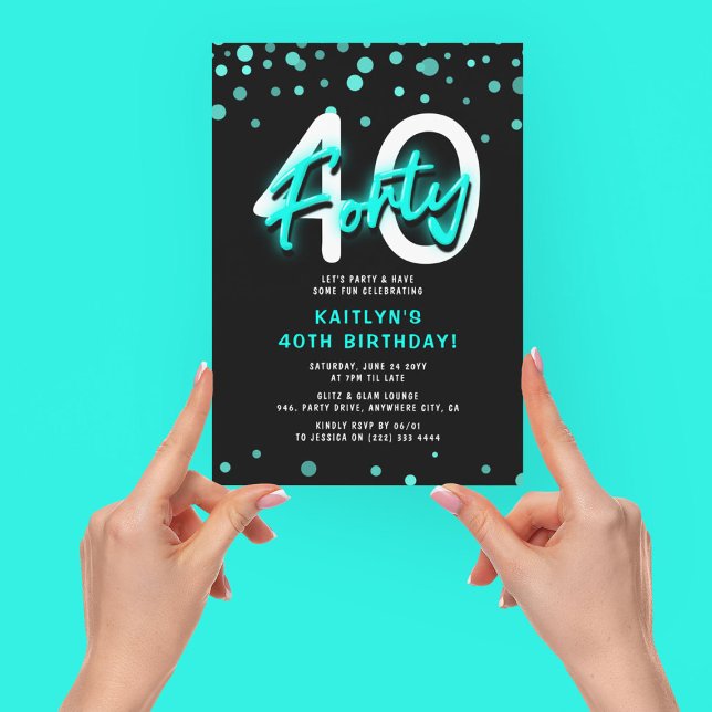 Neon Teal Thirty 40th Birthday Party Invitation (Creator Uploaded)