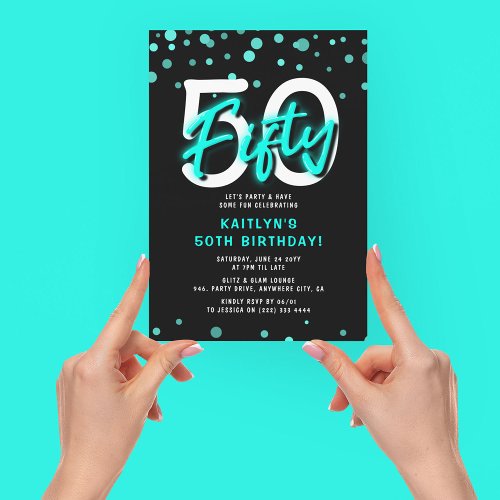 Neon Teal Thirty 50th Birthday Party Invitation