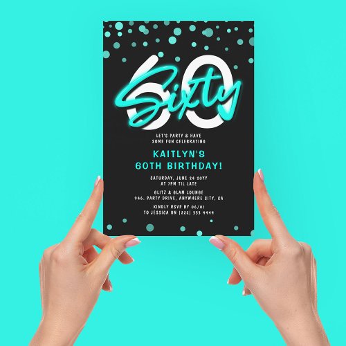 Neon Teal Thirty 60th Birthday Party Invitation