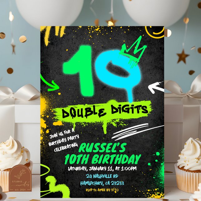 Neon Teenager Grafitti 10 double digit Birthday Invitation (Creator Uploaded)