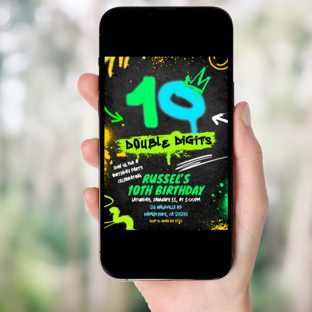Neon Teenager Grafitti 10 double digit Birthday Invitation (Front Digital)