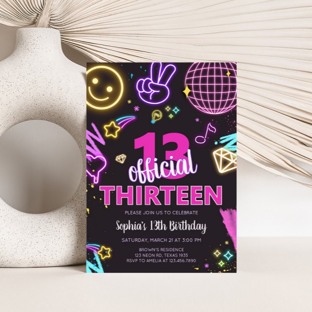 Neon Teenager Thirteenth Birthday Party  Invitation (Neon Official Thirteen Birthday Party Invitation)
