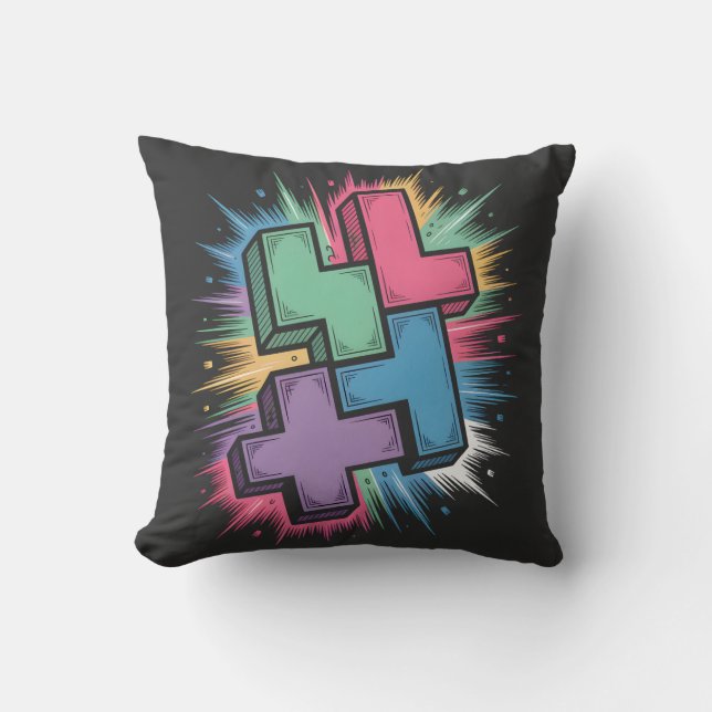Neon Tetris Throw Pillow (Front)