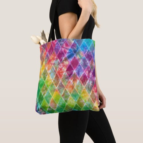 Neon Tie Dye Watercolor Harlequin Argyle  Tote Bag