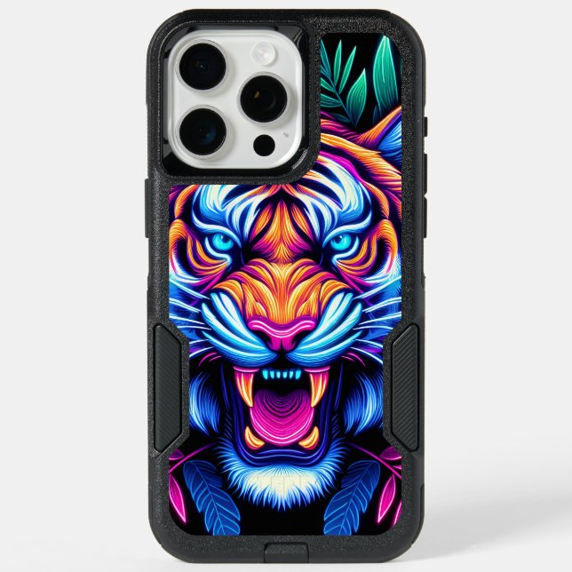Neon Tiger and jungle leaves iPhone 15 Pro Max Case (Back)