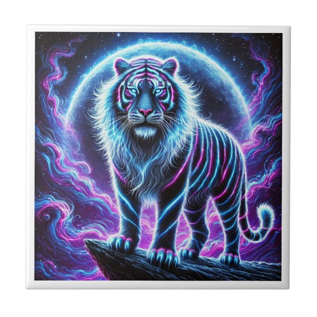 Neon Tiger Glowing Ceramic Tile Design. (Front)