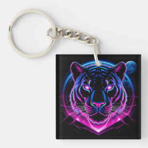 Neon Tiger Illustration with Geometric Shapes Keychain