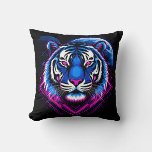 Neon Tiger Illustration with Geometric Shapes Throw Pillow