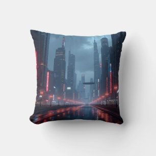 Neon Tomorrow – Cyberpunk Cityscape Throw Pillow