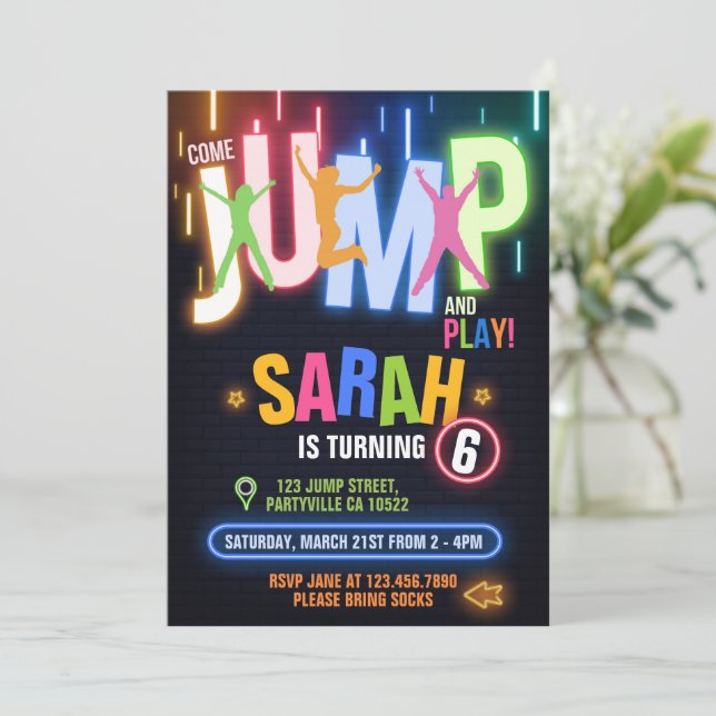 Neon Trampoline Bounce Birthday Party Invitation (Standing Front)