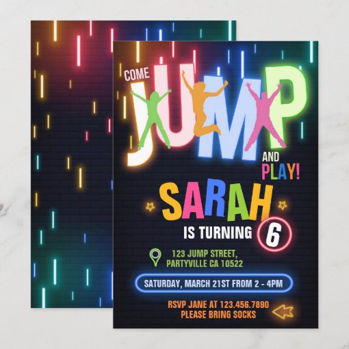 Neon Trampoline Bounce Birthday Party Invitation | Zazzle
