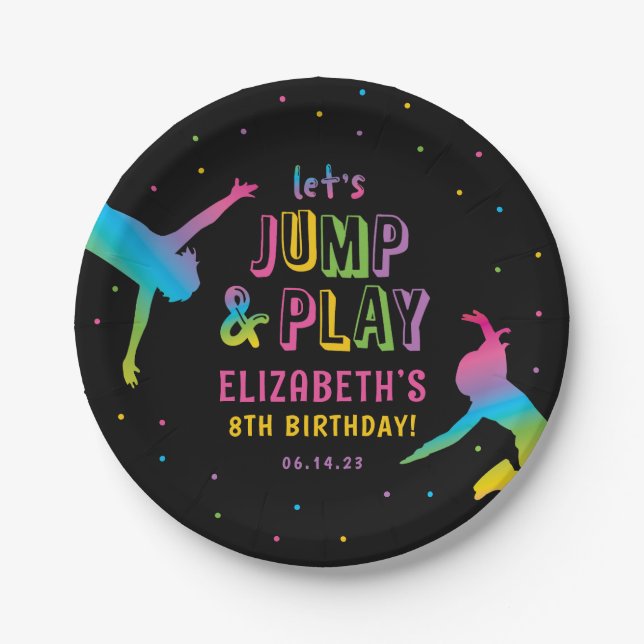 Neon Trampoline Park Girls Birthday Party Paper Plates (Front)