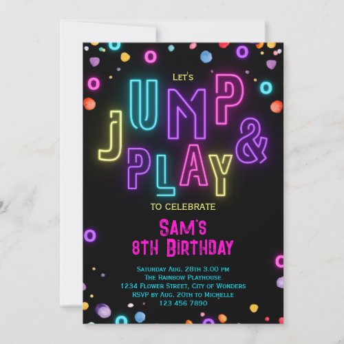 Neon Trampoline Party Girls Pink Purple Birthday Invitation