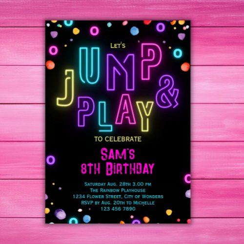 Neon Trampoline Party Girls Pink Purple Birthday Invitation