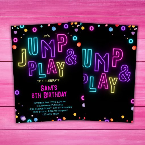 Neon Trampoline Party Girls Pink Purple Birthday Invitation | Zazzle