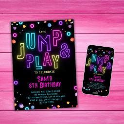 Neon Trampoline Party Girls Pink Purple Birthday Invitation | Zazzle